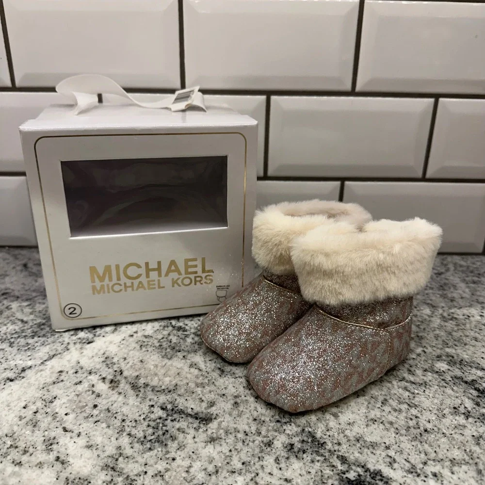 Michael Kors Baby Infant Sz 2 Booties Rose Gold Glitter Faux Fur Emma Bliss Chic